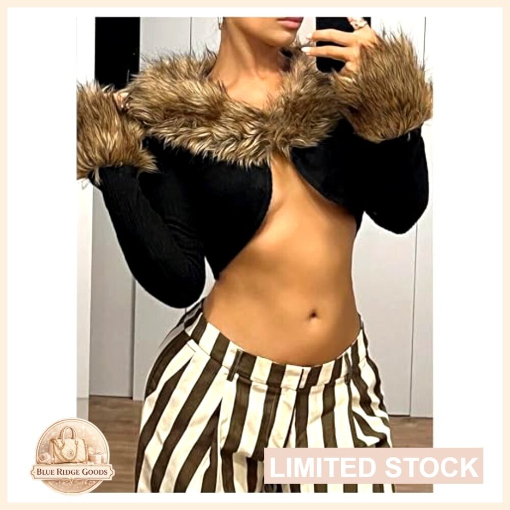 Fuzzy Cropped Cardigan Open Front Long Sleeve Knitwear Chic Fall Outerwear - Picture 5 of 5